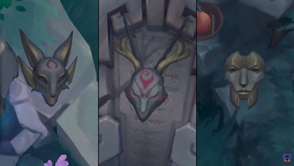 Mascaras de campeones Ahri, Jhin y Akali en el mapa Spirit Blossom